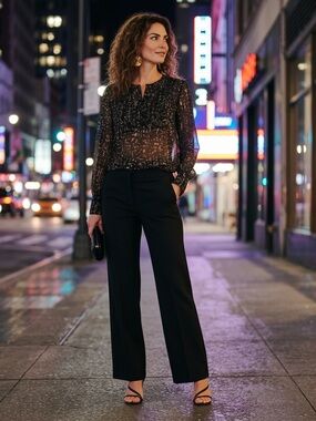Converse Sheer Ruffle Blouse | Black Gold Metallic Top | Night Out Chic | Small